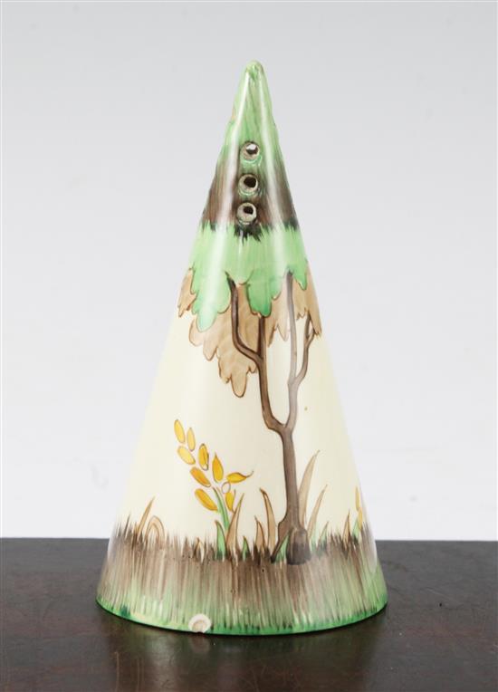 A Clarice Cliff conical sugar sifter, 14cm, splinter chip to foot